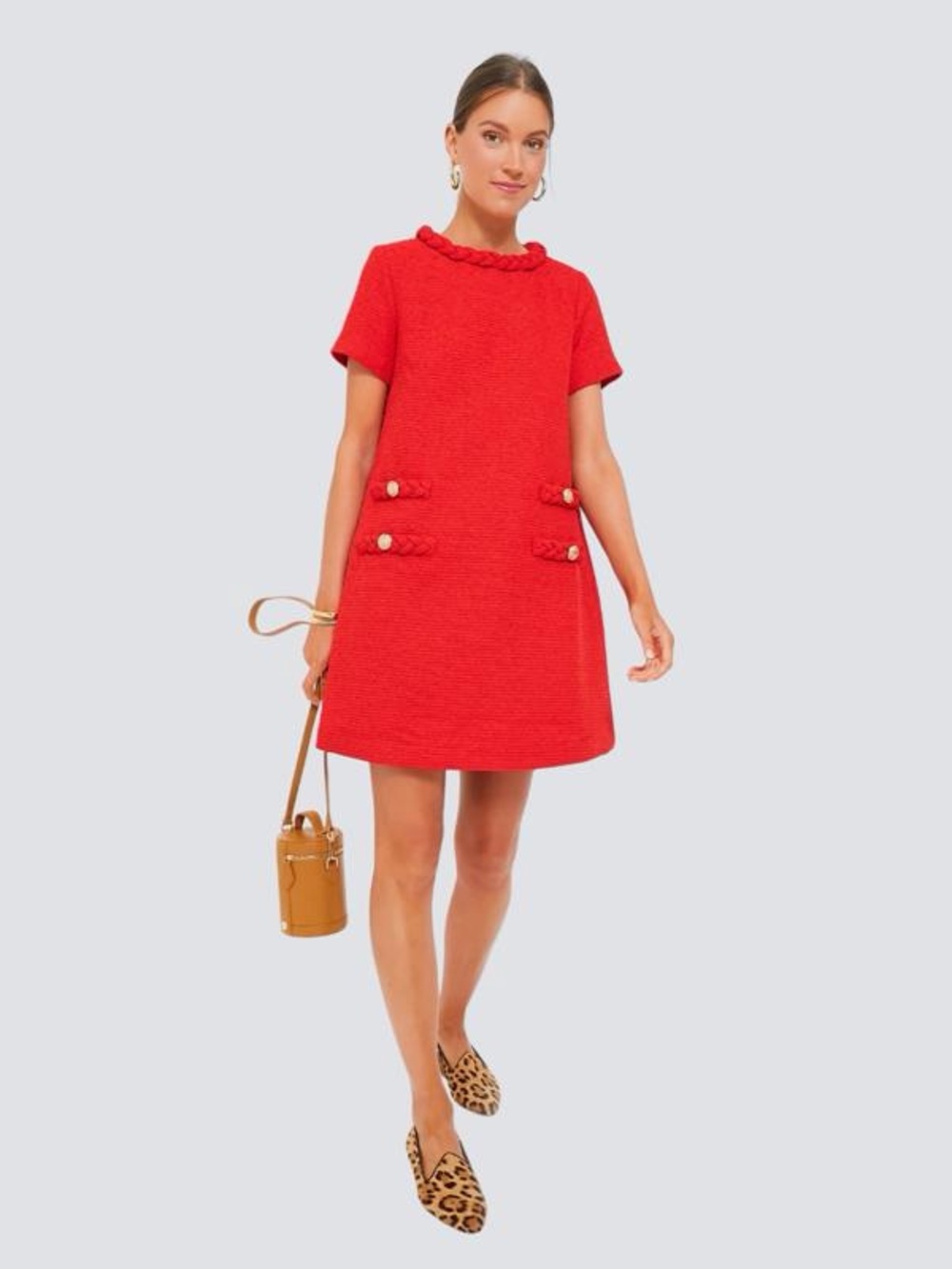 Tuckernuck Tweed Jackie Shift Dress with Button Accents in Red